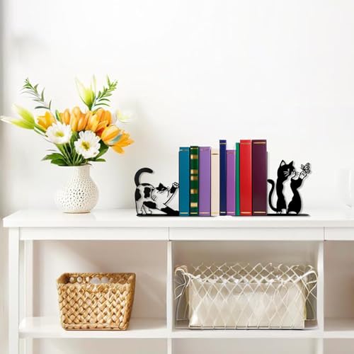Cute Cat Bookends Metal Black Cat Book Ends for Shelves Bookshelf Decorative Accessories Home Office Desk Bookshelf Decor Cat Lover Gifts for Women