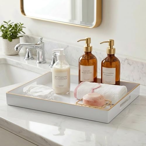 15.8" x 11.8" White Plastic Serving Tray with Gold Trim and Handles, Decorative Rectangular Tray for Ottoman, Coffee Table, Kitchen Counter, Bathroom Vanity, Heavy-Duty & Easy to Clean - color: White