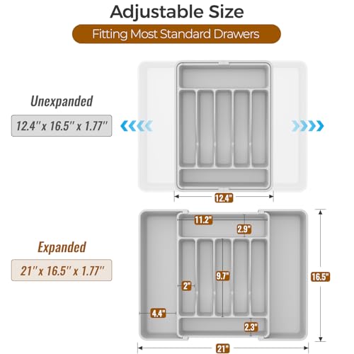 ukeetap Extra Large Expandable Silverware Organizer, BPA-Free Food-Safe Cutlery Flatware Organizer, Kitchen Utensil Drawer Organizer, Adjustable Silverware Holder for Spoons Forks Knives, Gray - color: Gray