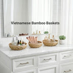 Handwoven Bamboo Basket Set of 3, Decorative Wall Basket, Boho Woven Basket Decor, Round Serving Basket for Bread & Fruit, Artisan Bamboo Storage + Tongs & Brush - style: Handwoven Bamboo Basket – Decorative Flower Weave