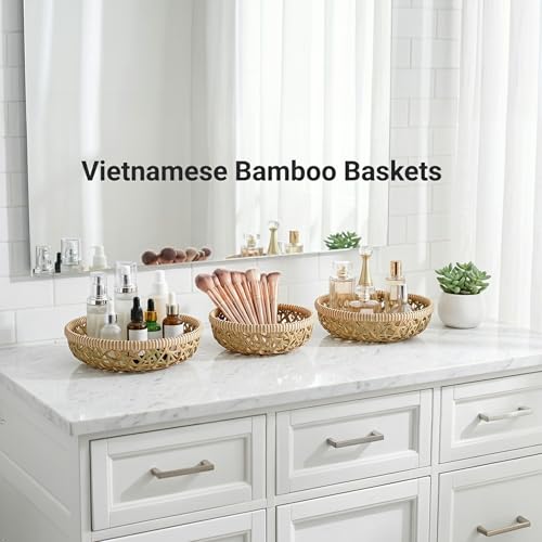 Handwoven Bamboo Basket Set of 3, Decorative Wall Basket, Boho Woven Basket Decor, Round Serving Basket for Bread & Fruit, Artisan Bamboo Storage + Tongs & Brush - style: Handwoven Bamboo Basket – Decorative Flower Weave