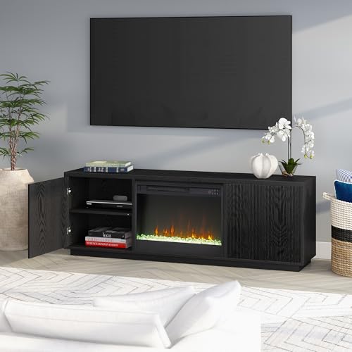 Henn&Hart Fluted TV Stand for TVs up to 75" with 26" Electric Crystal Rocks Fireplace and Ribbed Side Storage Cabinets for Living Room, Family Room, or Office, Natural Black - color: Natural Black, size: 70" TV Stand with Fireplace