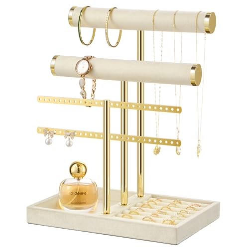 bussdis 3 Tier Bracelet Holder Display - Detachable T Bar Beige Velvet Bracelet Holder, Jewelry Holder Organizer for Bracelet, Necklace, Earrings, Rings - color: Beige, size: Large