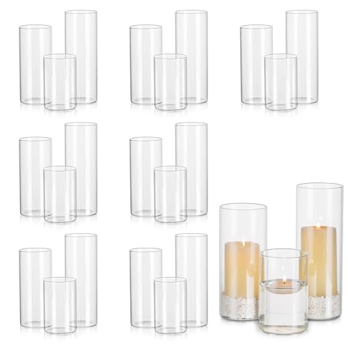 Glasseam Hurricane Pillar Candle Holder Bulk 24, Clear Candle Holders for Pillar Candles, Glass Cylinders for Floating Candles, Modern Floating Candle Vases for Centerpieces Wedding Dining Home Decor