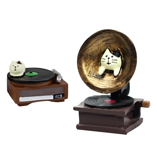 RAQWI Cat Vintage Phonograph and Record Player Figurine Suitble for Office, Home Decoration Perfect for Cat Lovers - style: Player