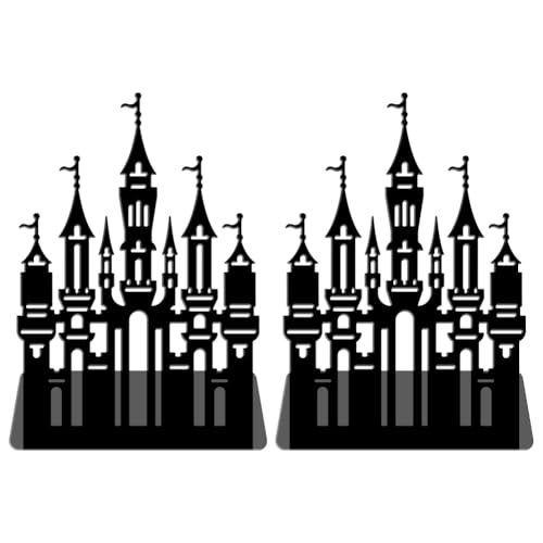 WADORN Magic Castle Metal Decorative Bookend for Shelves 1 Pair, Heavy Duty Book Ends Creative Non-Skid Books Holder Stand Black Book Support Stoppers for Desk Bookshelf Office Home, 5.3x4.3x7.9 Inch - color: Castle