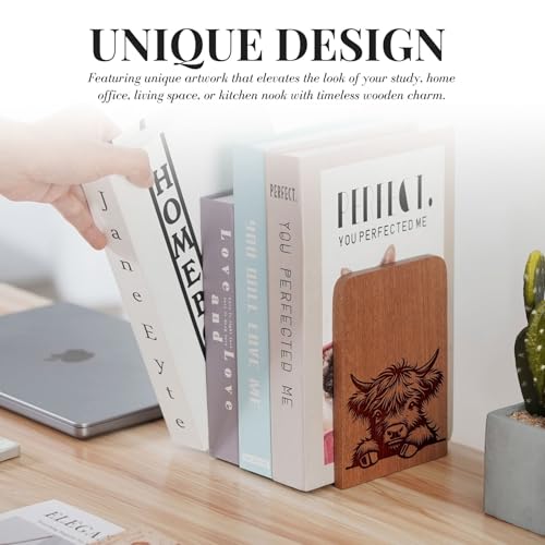 Highland Cow Gifts for Women, Scottish Cow Bookends, Heavy Duty Wooden Bookends for Shelves Decorative(1 Pair, 4.72x6.69 Inches) - Peek - color: Peek