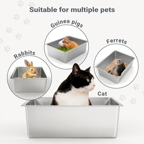 Kirecoo Stainless Steel Cat Litter Box, Large Metal High Sided Cat Pan Box, Indoor Litter Tray, Non Stick, No Smell, Easy to Clean, Pet Toilet Supplies for Cats - size: 19.5*13.6*5.96
