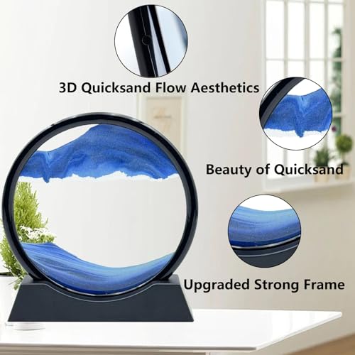 Moving Sand Art Liquid Motion, 3D Deep Sea Sandscape Color Quicksand Decor, Round Glass Moving Sand Art Picture Relaxing Desktop Home Office Work Decor (7 inch-Blue) - color: Blue, size: 7 inch