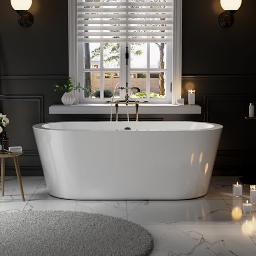 Empava 59"Freestanding Bathtub, Luxury Acrylic Soaking Tub with Drain and Overflow, Modern Stand Alone Design, Glossy White,cUPC Certified