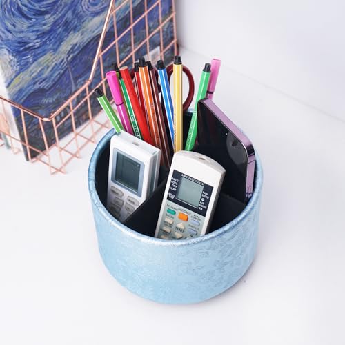 lizimandu Round Leather Art Supply Organizer,Remote Control Holder,360 Degree Spinning,Multi-Functional Pencil Holder,4 Compartments Desktop Stationary Organizer(1-Liuli Blue) - color: 1-Liuli Blue
