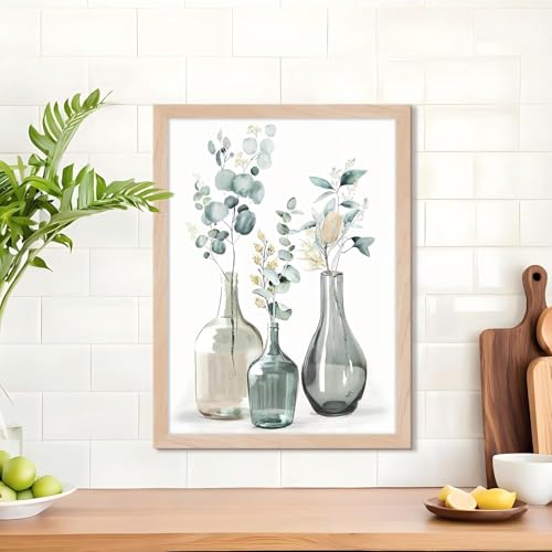 Boho Plant Wall Art Green Botanical 2Pcs Bohemain Framed Wall Printing Neutral Canvas Prints with Eucalyptus Leaf and Glass Bottle Sage Green Wall Decor For Kitchen Dining Room Living Roon Bathroom 8x10IN - color: Plant kitchen Framed, size: 10"L x 8"W