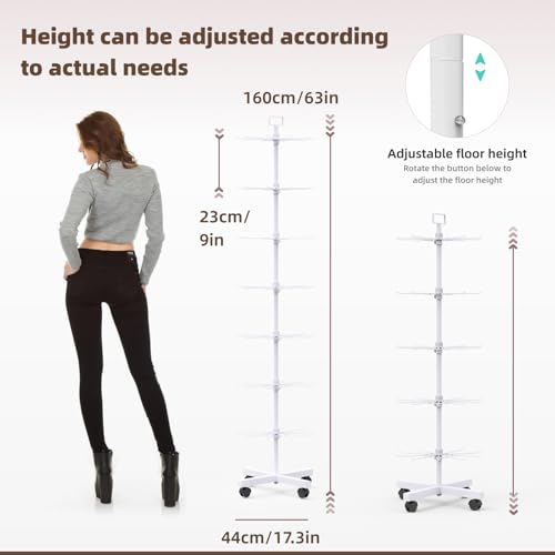 Retail Display Racks 7 Tier Spinning Display Stand, Movable Shop Spinner Rack with Hooks, Retail Display Stand for Jewelry Keyring Hats Socks Toys (White) - color: White, style: 7 Tier
