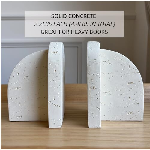 Concrete Bookends Decorative for Heavy Books - Travertine-Inspired Texture, Non-Slip Base, Soft Beige Decorative Bookends for Shelves, Minimalist Home Office Decor