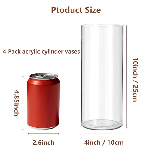 4 Pack Acrylic Cylinder Vases for Centerpieces,10 inch Tall Clear Flower Vases, Unbreakable Vases,Hurricane Candle Holders Floating Candle Vase for Wedding Dinner Table Party Living Room Decor - size: 4 Pack(4" W x 10" H)