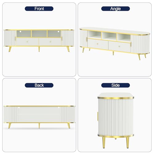 70 inch Fluted TV Stand, Luxury Modern TV Console & Media Entertainment Center for Living Room with Curved Profile, 2 Drawers, Storage Cabinet, and LED Lights, White, Holds TVs Up to 80"