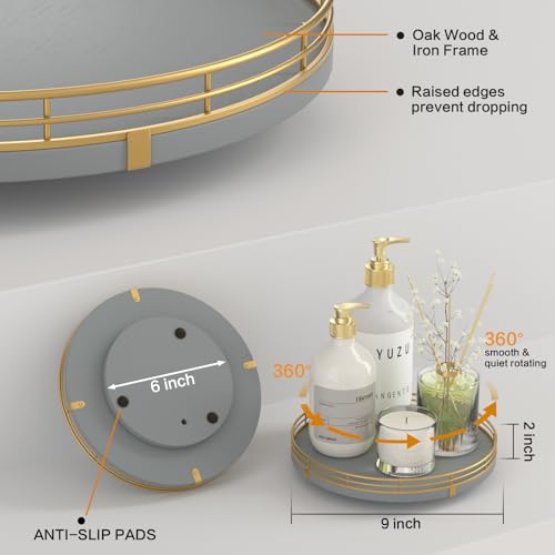 9" Wooden Lazy Susan Turntable for Cabinet – Rotating Spice Rack Organizer, Small Gray Kitchen Countertop Tray for Dining Table & Pantry Storage - color: Gray & Gold, size: 9