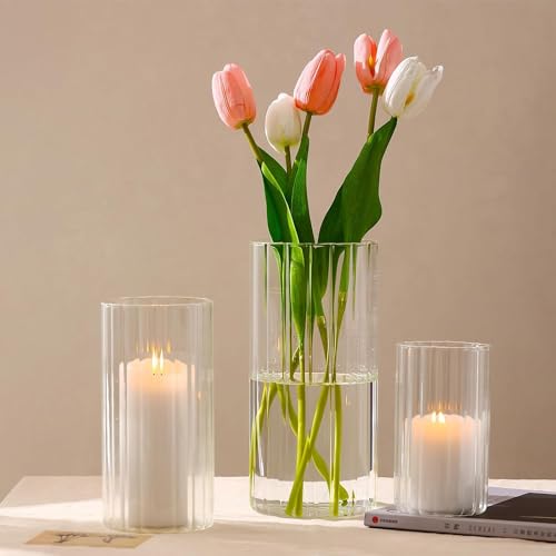 PHOSPHOR 24 Pcs Hurricane Candle Holders for Pillar Candle 6'', 8'', 10'' Tall Glass Cylinder Centerpieces Vases Floral - color: Striped Glass 24 Pcs