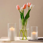 PHOSPHOR 24 Pcs Hurricane Candle Holders for Pillar Candle 6'', 8'', 10'' Tall Glass Cylinder Centerpieces Vases Floral - color: Striped Glass 24 Pcs