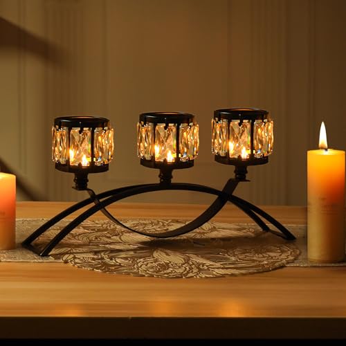 4 Pcs 3-Arm Crystal Tealight Candle Holders, Elegant Metal Arch Candlestick Centerpiece for Wedding, Party, Dining Room Table Decorations, Anniversary (4, Black-3 Arm) - size: Black-3 Arm