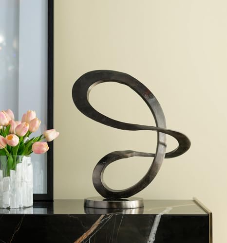 14.5” x 16.5” Black Metal Curved Abstract Art Sculpture with Round Base, Modern Art Deco Home Accent Sculpture, Centerpiece for Tabletop, Mantel, Bookshelf, Countertop, Office, Living Room