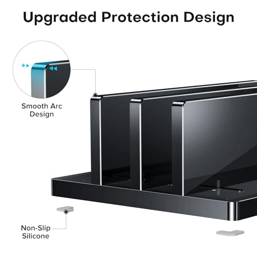 OMOTON Vertical Laptop Stand for Desk, Acrylic Laptop Holder Desktop Clear Adjustable Dock for MacBook Pro Air, HP, All Gaming Laptops up to 17” (Black, Dual Slot) - size: Dual-Black