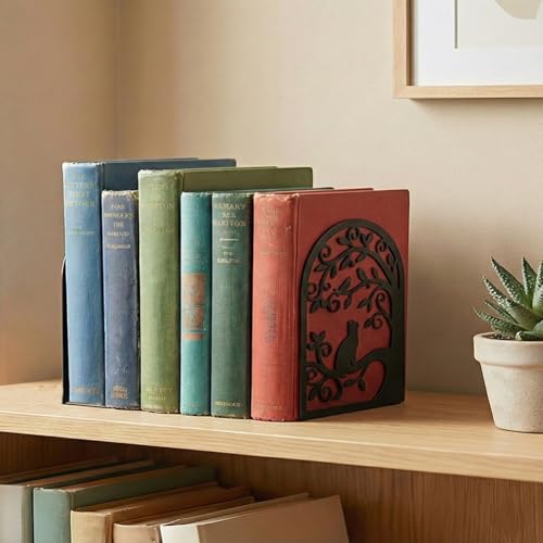 2 Pcs Metal Bookends, Unique Cat Book Ends for Shelves Sturdy Book Organizers and Decorative Books Accessories for Home Office and Library - style: Cat Tree