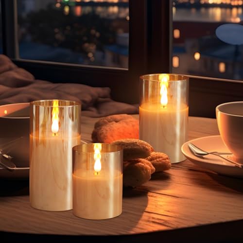 Rechargeable Flameless Candle, Flashing LED Pillar Real Wax Candle with Remote Control and Timer, Upgraded Teardrop Wick, Gold Glass Electronic Candle, 1 Set of 3 - color: Gold Glass-Droplet
