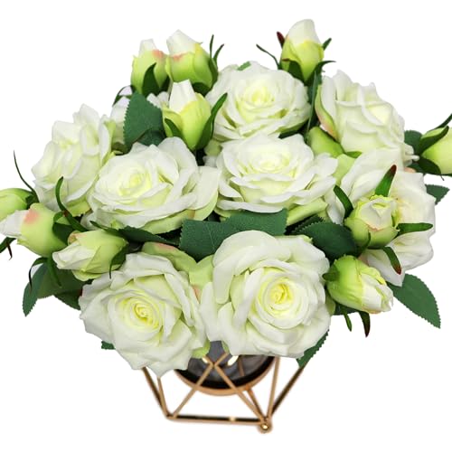 Faux Flowers with Vase, Silk Roses Bouquet Artificial Flowers in Vase, Fake Flowers Floral Arrangement for Home Decor Indoor, Table Centerpieces Flowers Decoration for Farmhouse (White) - color: White
