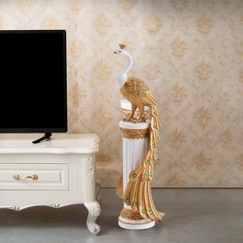 homary 27.6" Decorative Peacock Statue Large Glam Animal Sculpture Resin Crafts Home Decor for Art Ornament (White & Gold)
