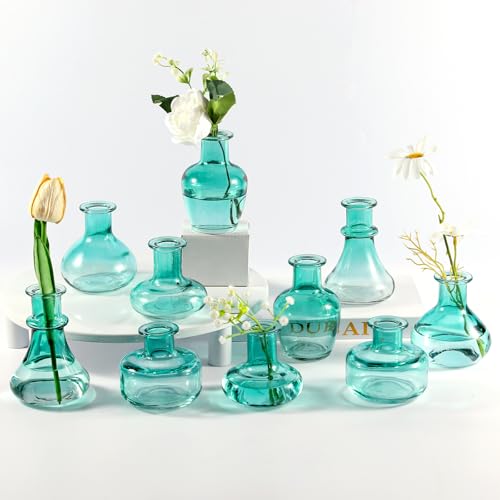 Blue Gradient Glass Bud Vase, 10Pcs/Set Modern Decorative Small Mini Flowers Vases, Minimalist Aesthetic Home Decor Vintage Wedding Table Centerpieces for Single Flower Rose - color: Blue Gradient