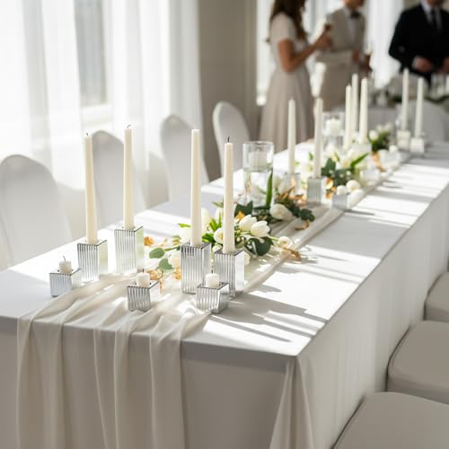 LETINE 12pcs Silver Vertical Stripe Glass Candlestick Holders - Chic Taper Candle Sticks Holder Set for Elegant Dining & Home Decor - Ideal for Valentine's Day, Halloween, Thanksgiving - color: Silver