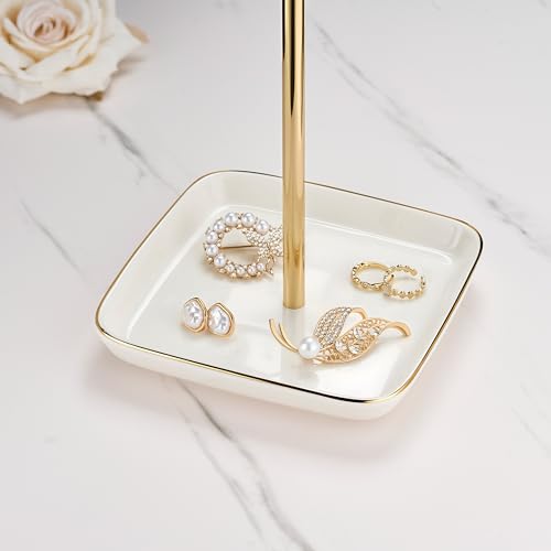 Jewelry Holder Stand with Ceramic Base: 12" Tall Necklace Organizer Rack, Tree Design Display Storage for Necklaces, Bracelets, Rings, Earrings, Aesthetic Room Décor for Girls and Women, Gold - color: White, size: 5.8" base