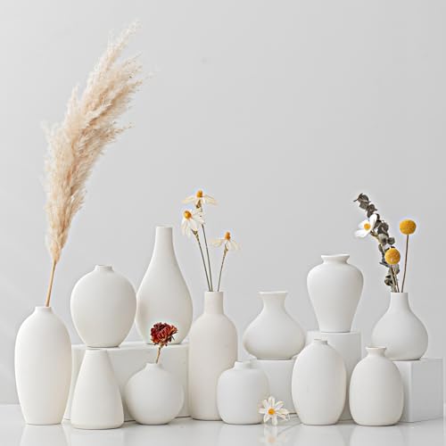 White Ceramic Vase Set of 12, Small Vases for Flowers Ceramic Vases for Pampas Grass Vase Bulk for Wedding Table Centerpieces Decoration Boho Christmas Home Decor DIY Gift - color: White-gh-12