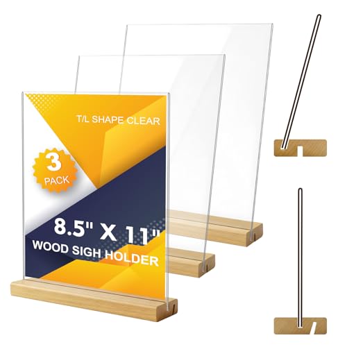 Comix 8.5x11 Acrylic Sign Holder with Wood Base 3 Pack Clear Table Display Stand Vertical or Slant Back Display for Wedding, Restaurant, Store, Office, Hotel - size: 3 Pack 8.5x11 inches (T/L)