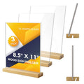 Comix 8.5x11 Acrylic Sign Holder with Wood Base 3 Pack Clear Table Display Stand Vertical or Slant Back Display for Wedding, Restaurant, Store, Office, Hotel - size: 3 Pack 8.5x11 inches (T/L)