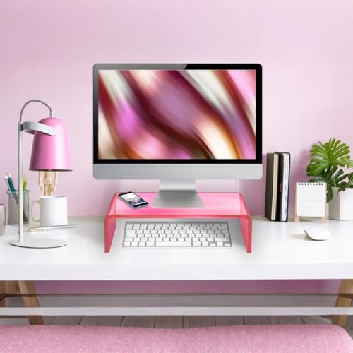 Ergonomic Acrylic Monitor Stand with Storage - Bright Pink Desktop Organizer for Back Pain Relief & Space Saving, Stylish & Modern Desktop Organizer(Home/Office Use)