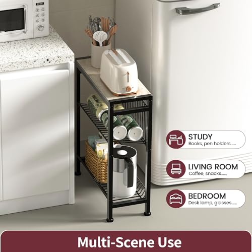 Narrow Side Table for Small Space, 3-Tier End Table with Magazine Holder, Slim Nightstand with Wire Shelf, Skinny Bedside Table in Living Room, Bedroom, Study, Kitchen and Balcony(Greige) - color: Upgrade-greige