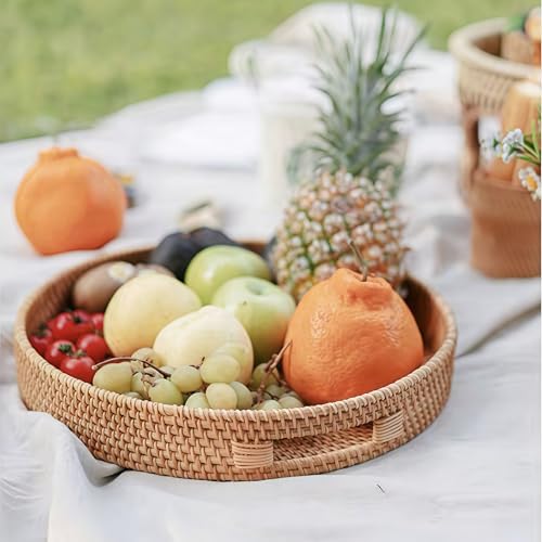14" Round Rattan Tray, Hand Woven Serving Tray with Handles, Wicker Serving Basket, Decorative Tray for Home Decor, Natural - color: Natural, size: 14"