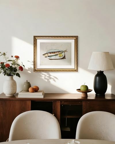 InSimSea Gold Framed Wall Art, Roasted Sardine Lemon Vintage Kitchen Wall Decor, Still Life Canvas Print Art, Dining Room Farmhouse Decor, Antique Paintings with Picture Frame 13x16inch - color: Roasted Sardine, size: 16"L x 13"W