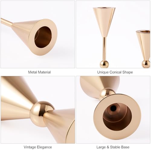 DN DECONATION Gold Taper Candle Holders Set of 2, Tapered Candlestick Holders Decor for Fall Thanksgiving Table Centerpiece Wedding Decorations, Modern Metal Candle Holder for Living Room, Mantel - color: Gold Conical