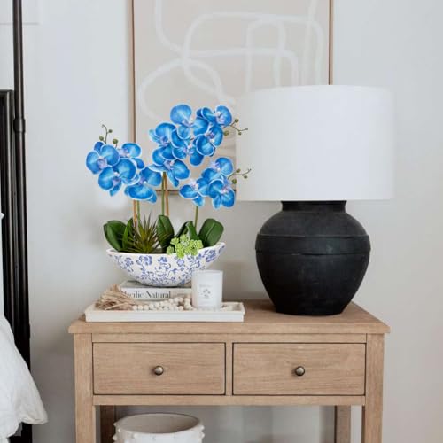 Briful Blue Orchid Fake Flowers 17in Artificial Orchid Silk Flowers in Blue and White Vase Faux Orchid Arrangement for Home Office Bathroom Table Shelf Modern Decoration - color: Blue and White Porcelain Vase