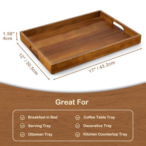 17 Inch Acacia Wood Serving Tray with Handles, Large Wooden Tray for Ottoman, Breakfast in Bed, Coffee Table, Dinner, Perfect for Living Room Bedroom Entryway and Kitchen - color: Acacia, size: 12" x 1.6" x 17"