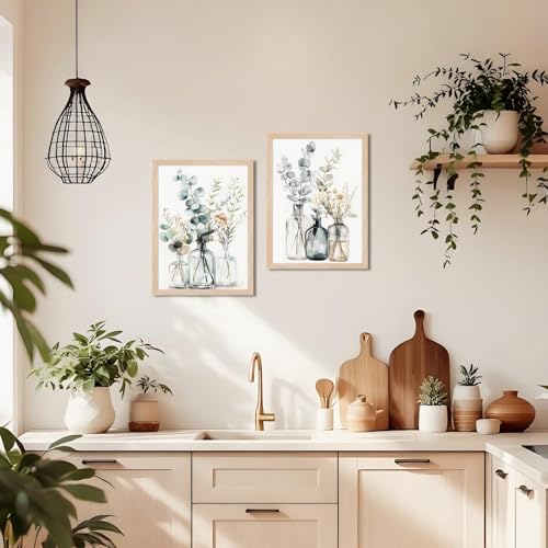 Framed Botanical Wall Art Set of 2 Minimalist Eucalyptus Floral Canvas Prints with Solid Wood Frame & Acrylic Cover, Neutral Modern Nature Watercolor painting for Living Room Bedroom Home Decor 12X16IN - color: Boho Eucalyptus Framed, size: 16"L x 12"W