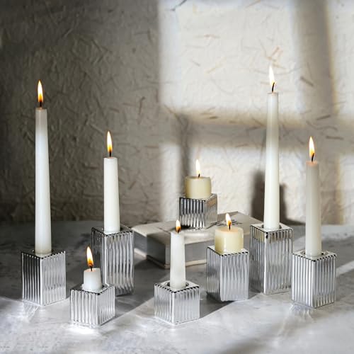 LETINE 12pcs Silver Vertical Stripe Glass Candlestick Holders - Chic Taper Candle Sticks Holder Set for Elegant Dining & Home Decor - Ideal for Valentine's Day, Halloween, Thanksgiving - color: Silver