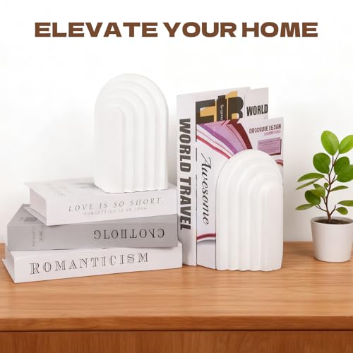 2 Pack Concrete Book Ends Layered Arch Design Book Stopper Holders for Aesthetic Decor Decorative Heavy Duty Bookends for Shelves Cookbooks Modern Home Desk Office