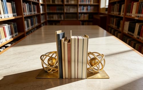 Gold Metal Bookends Set of 2, Heavy Duty Book Ends for Heavy Books, Unique Modern Geometric Ball Round Style Decorative Book Holders for Shelves Office Home Accent Decor，1 Pair/2Pieces