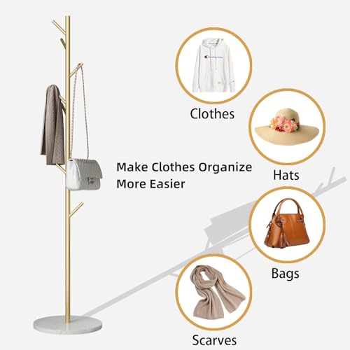 Gold Coat Rack Freestanding, Metal Coat Tree with Marble Base, Coat Rack Stand with 8 Hooks, Entryway Coat Stand for Hanging Clothes, Hats, Bags - size: 67in-bra