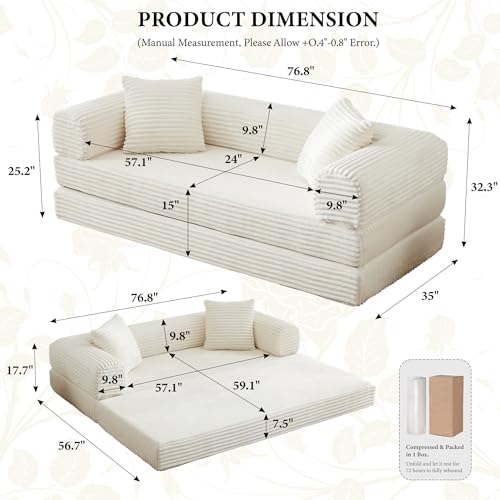 Boneless Couch Versatile Couches for Living Room No-Install Sofa Bed Corduroy Futon Soft Cloud Couch with Pillows for Bedroom Game Movie (White, 76") - color: White