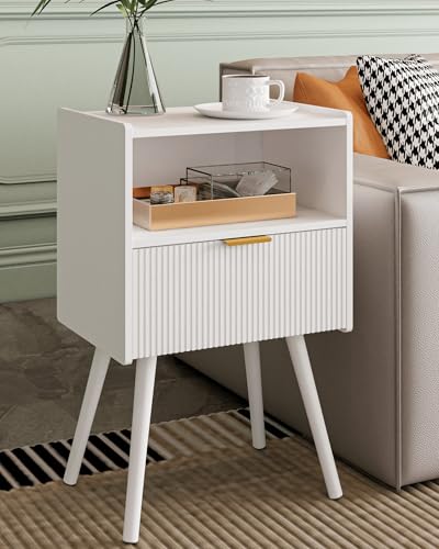 Veegle Nightstand,Modern Bedside Table with Storage Drawer and Open Wood Shelf, Accent Night Stand with Solid Wood Legs for Living Room, Bedroom and Small Spaces,Easy Assembly (White) - color: White
